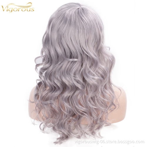 Vigorous No Lace Front  Natural Cosplay Heat Resistant Synthetic 24 Inch Long Wavy Grey Wig For Women Side Part Wig Cosplay Use